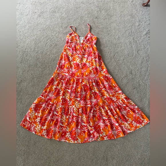 She+Sky Floral Deep V Maxi Dress S Straps Summer Sundress Tangerine & Fuchsia - Picture 13 of 15